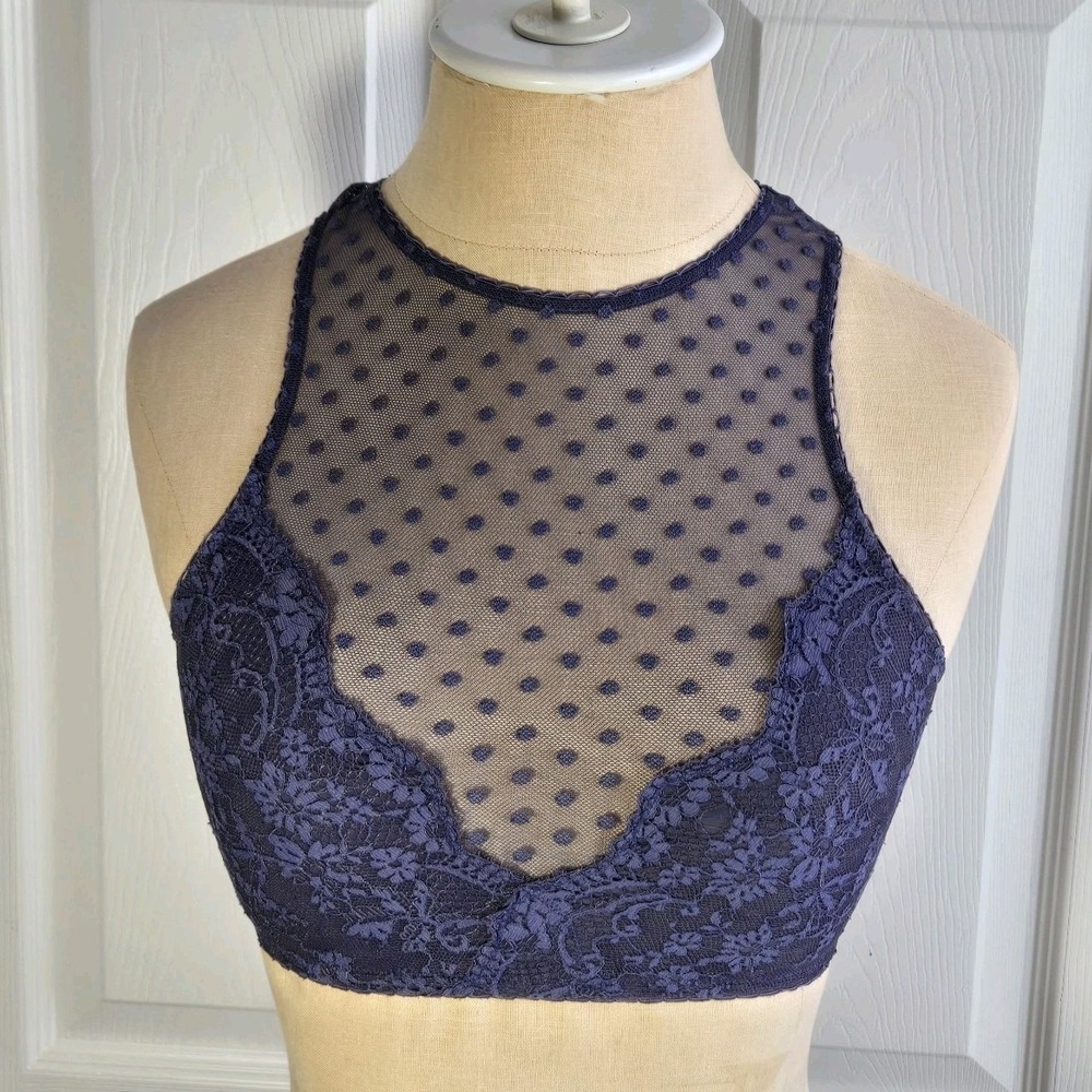 Victoria's Secret Dot Sheer Mesh & Lace High Neck Wireless Bralette XS Lingerie